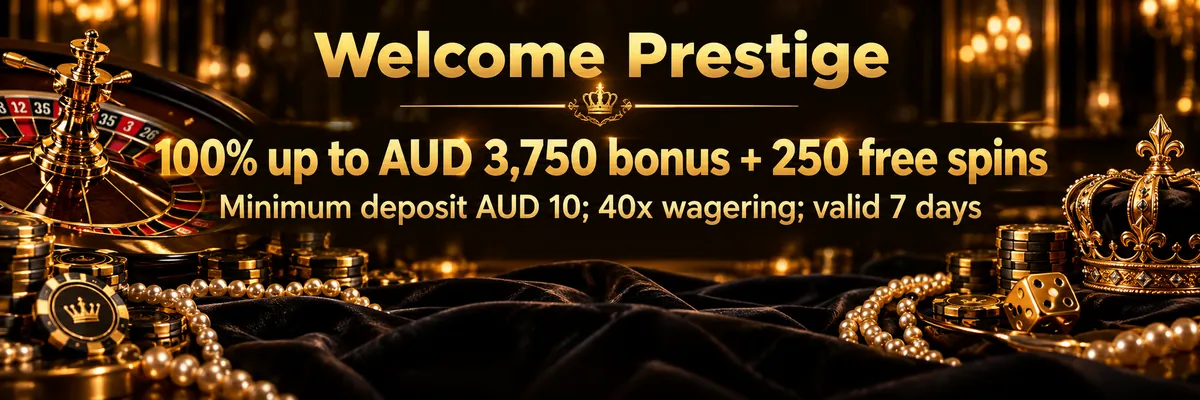 Golden Crown welcome offer with an ornate roulette wheel, crowned crest and polished casino props in dramatic gold light.