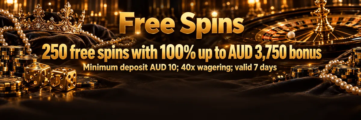 Golden Crown free spins promotion featuring the roulette wheel, dice and gleaming gold details on a dark tabletop.